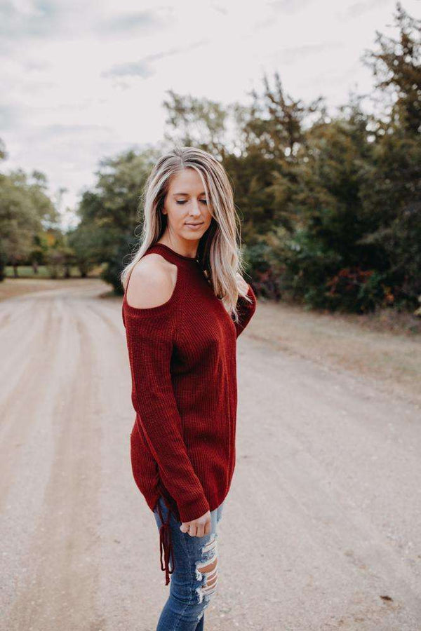 Red cold hot sale shoulder sweater